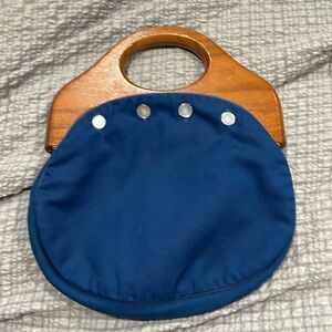 Bermuda Bag Vintage 80s Wooden Handle Reversible Cover Blue/Gingham Plaid